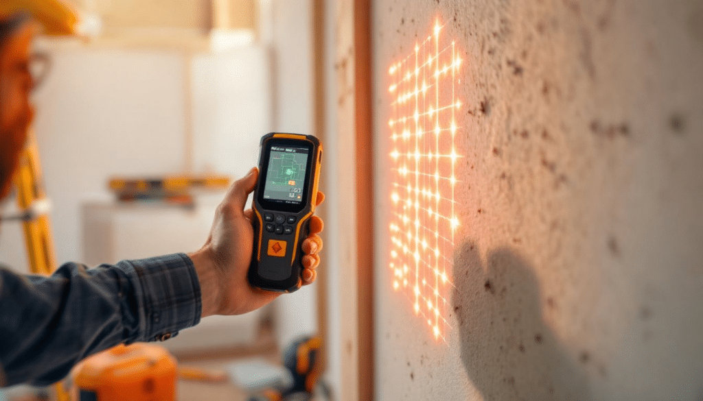 A person using a stud finder on a wall to locate studs.