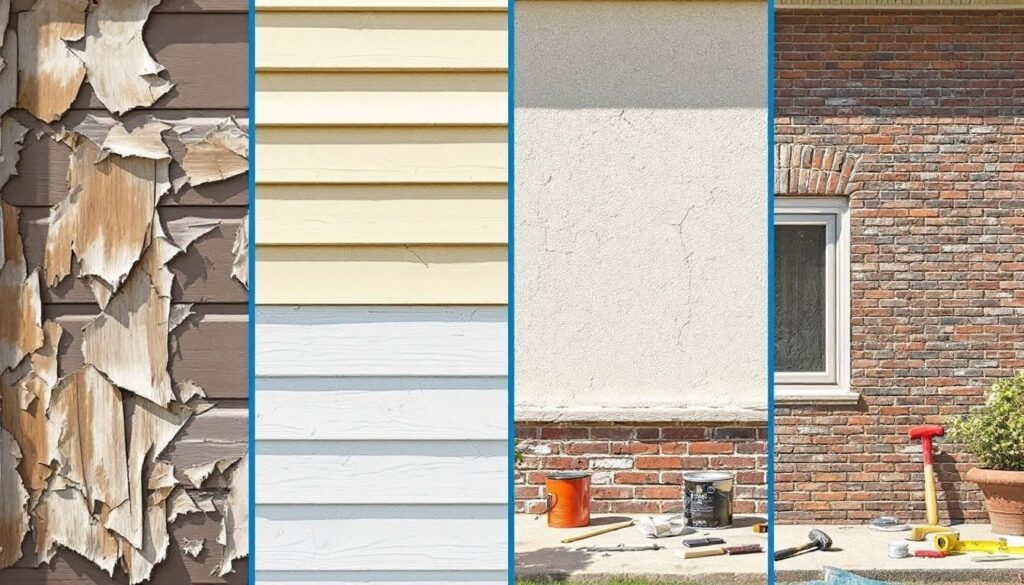 An image showing damaged siding on a house, illustrating various types of siding.